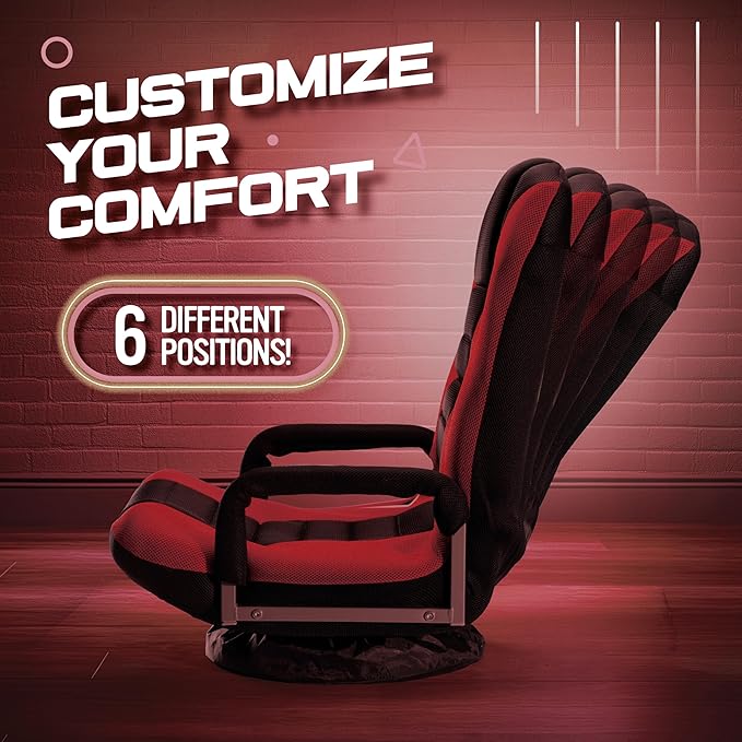 Swivel Floor Gaming Chair - Video Lounger Enjoy 6 Different Positions Adjustable Backrest Removable Arm Rests Folds to Store Stylish Blue with Black Center Stripe