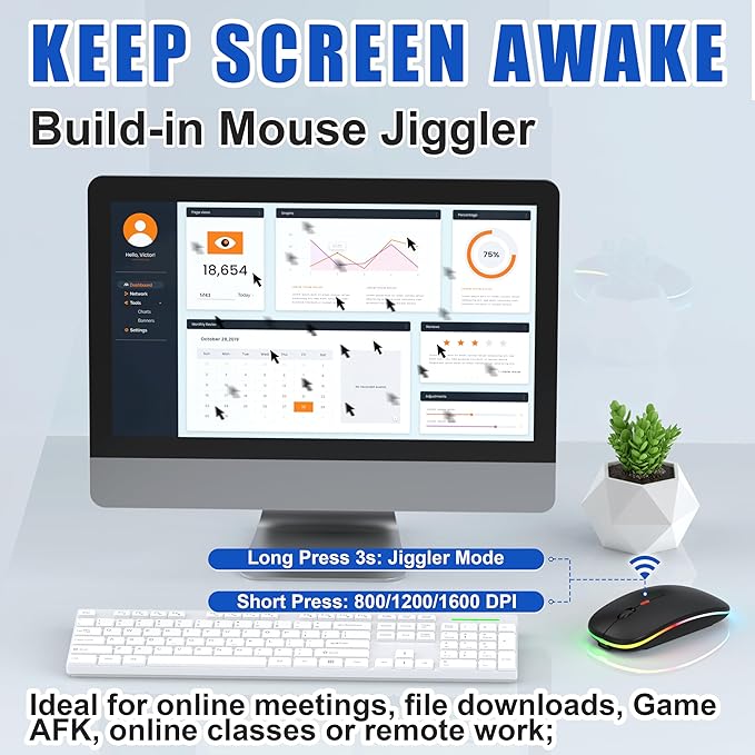 LED Wireless Mouse for Laptop/MacBook/iPad - Built-in Mouse Jiggler &amp 4-Mode (Bluetooth 5.2/3.0 &amp 2.4GHz USB-A/C) Rechargeable Silent Mouse Multi-Device Compatible with macOS/iOS/Windows/Andro