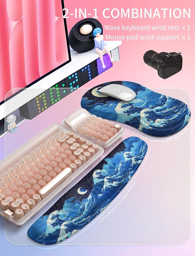 Hokafenle 2in1 Combination Wave Keyboard Wrist Rest and Ergonomic Curvature Mouse Pad Wrist Support for Relieve Wrist Pain Filled with Soft Cushion Memory Foam Crescent Waves