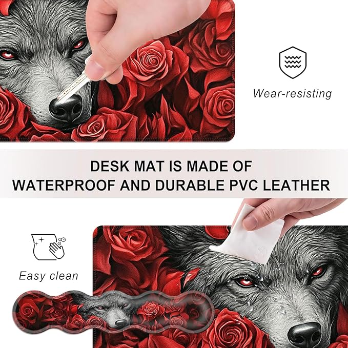 Mouse PadLarge Desk Mat Set 4in1 XL Mousepad + Keyboard Wrist Rest+Mouse Wrist Rest+Coaster with Ergonomic Desk Pad for Home Office Table Computer Cover -Wolf Among Red Roses