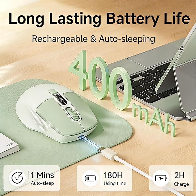EWEADN Q1 Wireless Mouse BT &amp 2.4G Silent Mouse Quiet Click with 1600 DPI Levels Battery &amp DPI LED Screen Display 6 Button Small Portable Bluetooth Mouse for Laptop/PC/Mac-Green