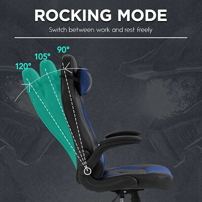 Gaming Chairs for Adults PU Leather Swivel Rolling Adjustable Game Chair with Lumbar Support Flip Up Arms Headrest for Adults Women Men Video Game Chairs Ergonomic Gaming Chair