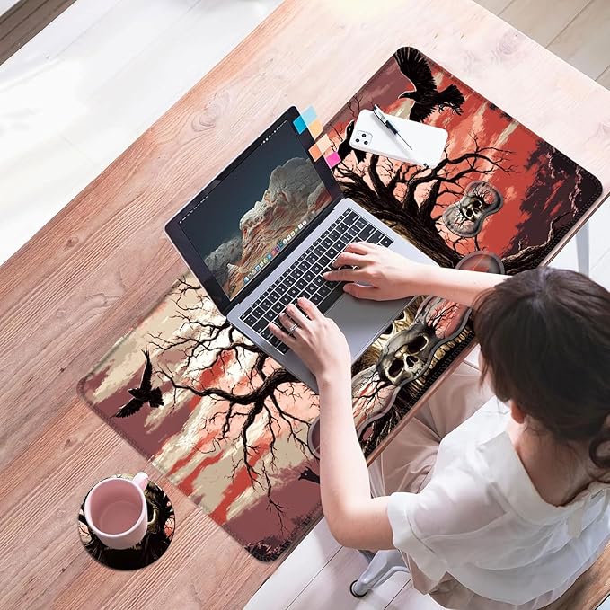 Mouse PadLarge Desk Mat Set 4in1 XL Mousepad + Keyboard Wrist Rest+Mouse Wrist Rest+Coaster with Ergonomic Desk Pad for Home Office Table Computer Cover -Skull Tree with Crows