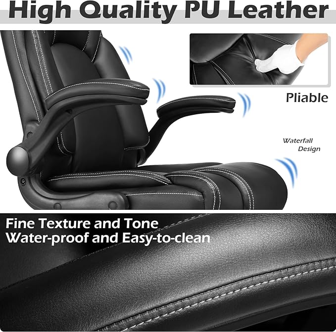 OUTFINE Flip-up Arms Office Chair 300lbs Executive Chair Swivel Office Chair with hydrolysis-Resistant Leather Spring Cushion Thick Padding and Ergonomic Design (Black Flip Arm Medium)