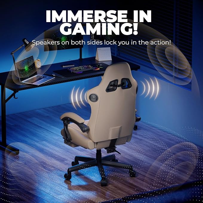 GTPLAYER ACE-PRO Music Gaming Chairs – Built-in Speakers App Support &amp Bluetooth Control Computer Game Chairs with Footrest for Adults Ergonomic Reclining Silla Linkage Armrest Ivory
