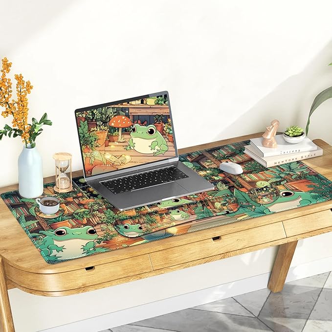 Large Gaming Mouse Pad Set 4 in 1 Ergonomics Keyboard Desk Mat with Memory Foam Wrist Rest Computer PC Extended Game Mousepad Non-Slip Desk Matt Easy Typing Pain Relief I Frog &amp Mushroom
