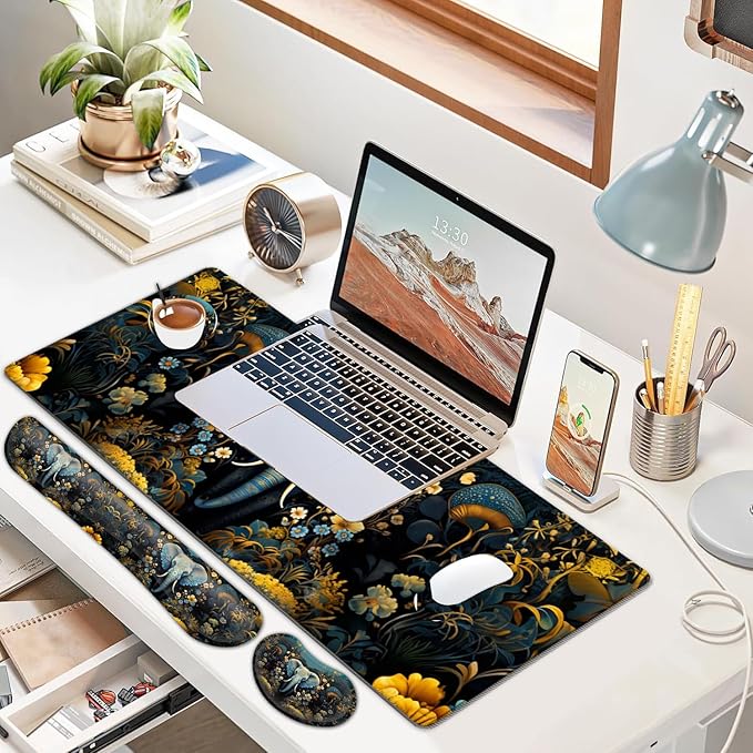 JVGFYNKL Large Gaming Mouse Pad Set Ergonomic Memory Foam Keyboard Wrist Rest Support + Mouse Wrist Rest + Extended Desk Mat with Non-Slip Rubber Base The Golden Elephant Pattern Desk Pad