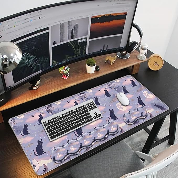 Keyboard Mouse Pad SetLarge Mouse Pad+Keyboard Wrist Rest+Wrist Support+Coaster31.5x11.8in Extended Desk Mat for Computer Laptop Office Home - Cute Cat and Moon