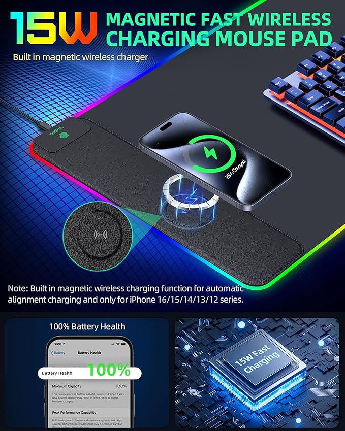 Mouse Pad with Wireless Charging RGB Gaming Desk Mat Large XXL Desk Pad 15 Lighting Modes Ultra-Smooth Surface Non-Slip Mouse Mat Waterproof Computer Keyboard Pad for Gamer 800x400x4MM Black