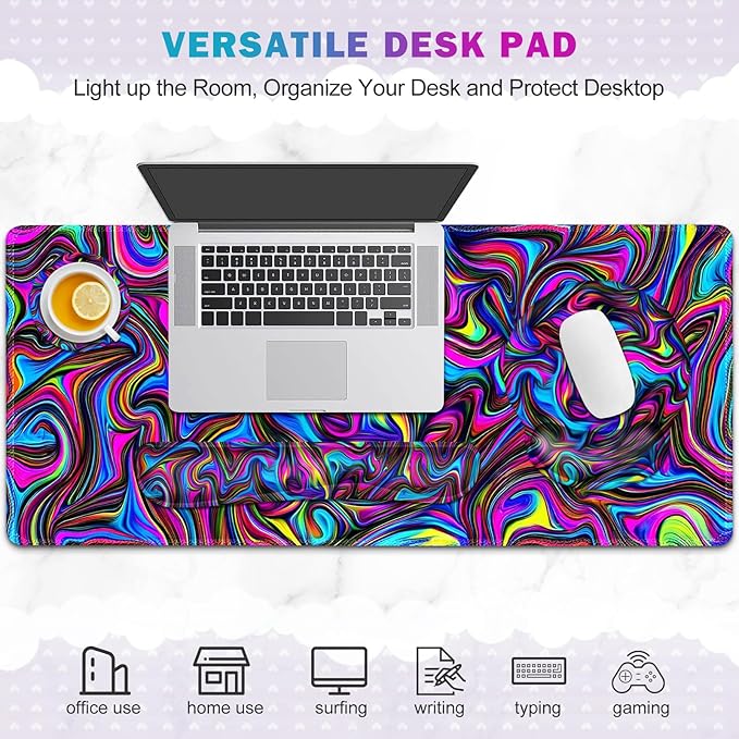 Gaming Mouse Pad Large Desk Mat Cute Desk Pad Protector 4in1 XXL Mousepad + Keyboard Wrist Rest+Mouse Wrist Rest+Coaster Set with Ergonomic Desk Pad for Home Office Computer Dazzling Bright Color