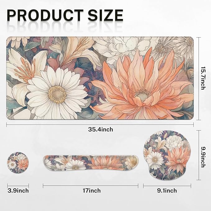 Britimes Boho Aesthetic Flower Keyboard Mouse Pad Set Orange White Florals 4in1 Large Mousepad+Keyboard Wrist Rest+Mouse Wrist Rest+Coaster Ergonomic Design for Home Office Computer 35.4x15.7 inches
