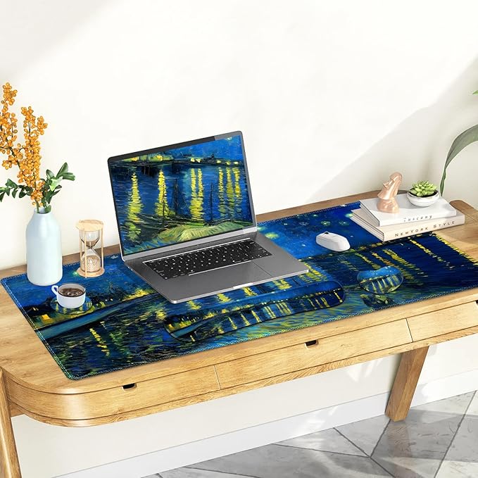 Large Gaming Mouse Pad Set 4 in 1 Ergonomics Keyboard Desk Mat Memory Foam Wrist Rest Computer Extended Game Mousepad Non-Slip Desk Matt Easy Typing Pain Relief I Starry Night Over The Rhone