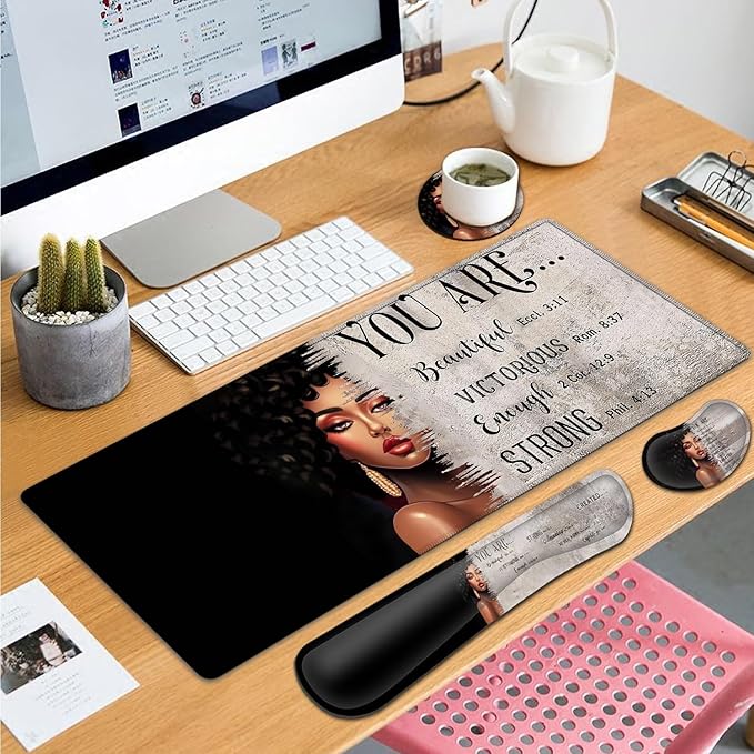 Large Gaming Mouse Pad+ Keyboard Wrist Rest Set Ergonomics Memory Foam Mouse Mat Wrist Rest Support Waterproof Extended Mousepad 31.5x11.8in African American Women Black Girl Black Desk Pad