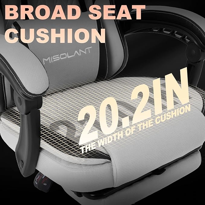 Misolant Gaming Chair Fabric Gamer Chair with footrest for Adults High Back Ergonomic Computer Game Chair with Adjustable Headrest and Massage Lumbar Support 90-155° Recline Free Gray