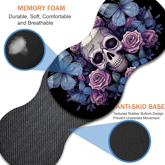 Extended Non-Slip Mouse Pad + Mouse Wrist Rest + Lace-Shaped Coaster Set Ergonomic Design Suitable for Desk and Home Gaming Table Mat Skull Butterfly Roses