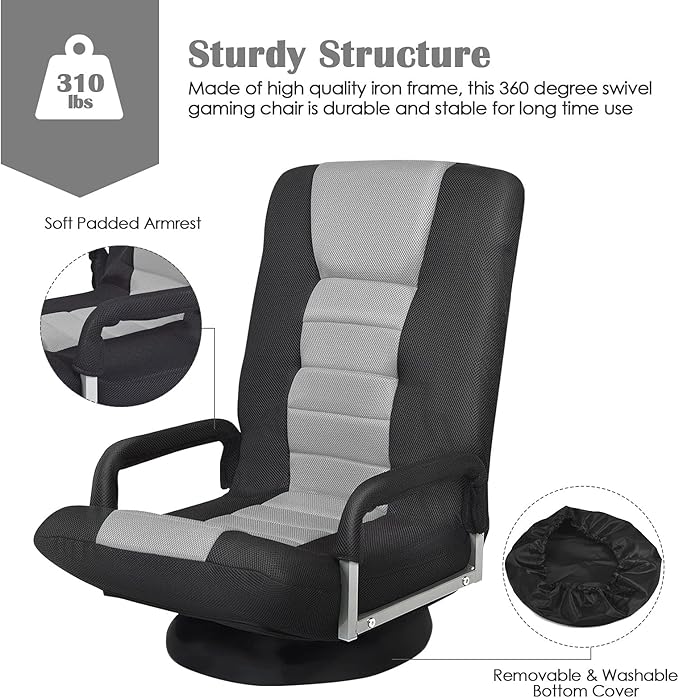 ERGOMASTER 360 Degree Swivel Video Gaming Floor Chair w/Armrests Adjustable 6-Position Folding Floor Chair Padded Backrest for Game Reading (Grey/Black)
