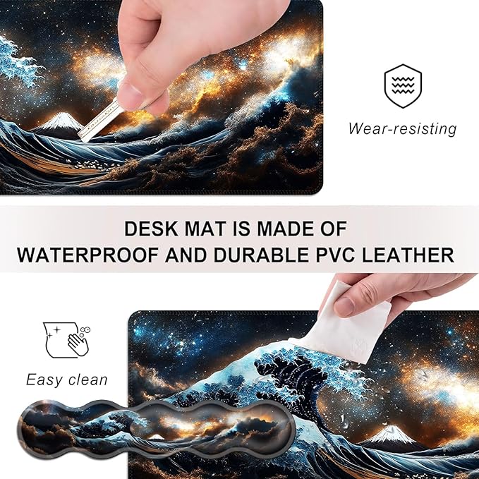 Mouse PadLarge Desk Mat Set 4in1 XL Mousepad + Keyboard Wrist Rest+Mouse Wrist Rest+Coaster with Ergonomic Desk Pad for Home Office Table Computer Cover -Starry Night Great Wave