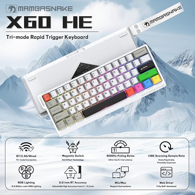 MAMBASNAKE X60 HE 60% Rapid Trigger Wireless Gaming KeyboardHall Effect Magnetic SwitchesAdjustable Actuation0.1ms Ultra-Low Latency 8KHz Polling Rate3-Mode RGB8 Color PBT Keycaps-Star White