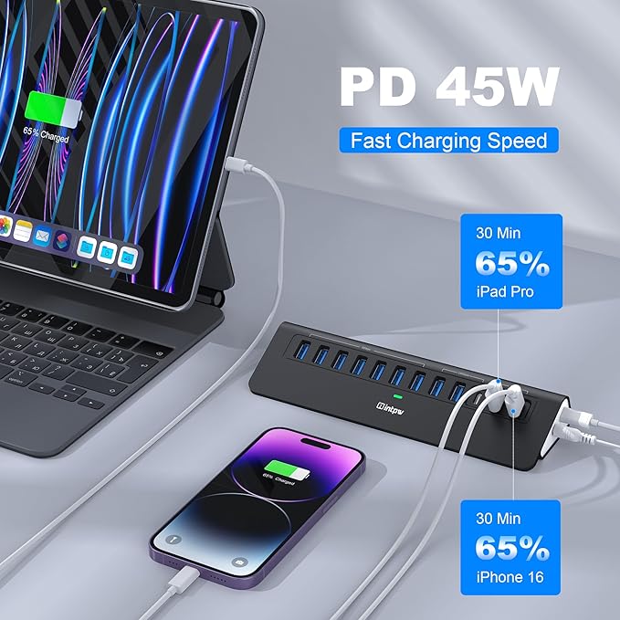 Powered USB Hub 10Gbps intpw YH9AC 12-Port USB C Hub with 10Gbps USB C 3.2 2 USB A 3.2 7 USB 3.0 2 PD 45W Charging Port 65W Power Adapter + 3.3FT Cable Aluminum USB Hub for Laptop/iPhone16/15/PC