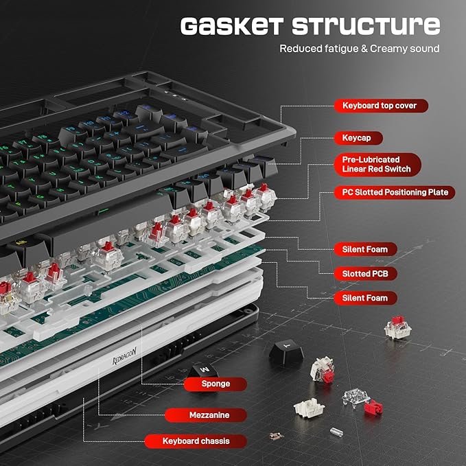 Redragon K713 Wireless Mechanical Keyboard Gasket Mounted RGB Gaming Keyboard 3-Mode (2.4G/BT/USB) Pre-Lubed Linear Red Switches 75％ Layout 82 Keys Hot Swappable for PC/Mac - Black