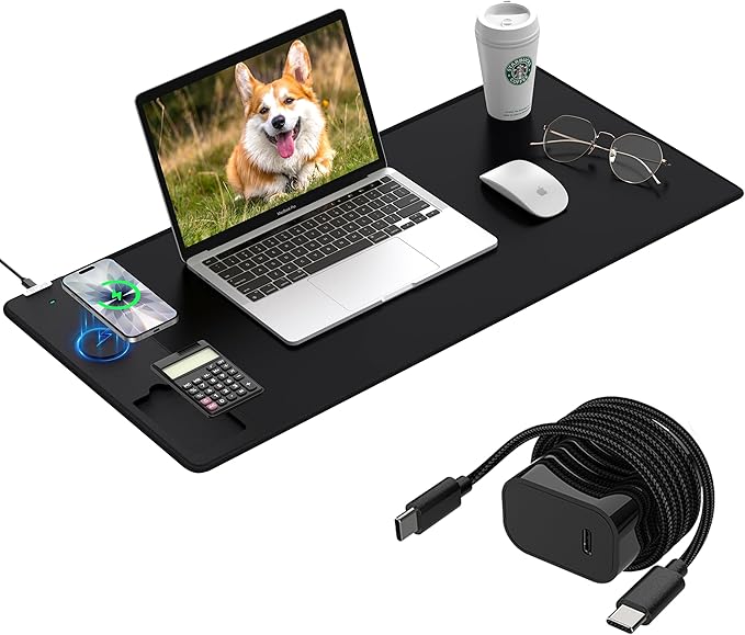 Mouse Pad 31.5x15.75 Inch with Calculator 15W Magnetic Wireless Charging Desk Mat XXL Desk Pad Home Office Large Keyboard Pad with Ultra-Smooth Surface Non-Slip Base (Black with 20W PD Charger)