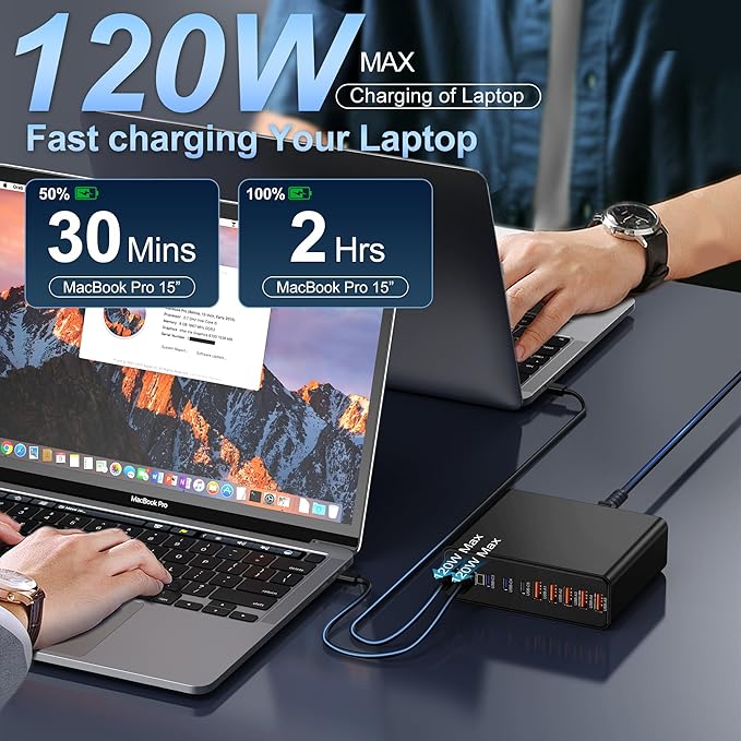 800W USB C Charger Block10-Port Charging Station GaN Fast Charging Type C &amp USB A Wall Charger Adapter for MacBook Pro/AiriPhoneiPadDell XPSSamsung Galaxy (Bright Black)