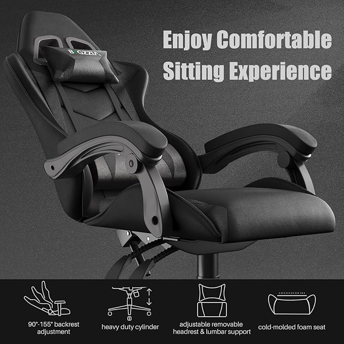 Bigzzia Gaming Chair Computer Chair with Lumbar Support Video Game Chairs for Adults Racing Style Gamer Chair with 360°-Swivel Seat and Headrest（Pure Black）