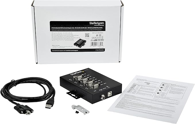 StarTech.com 4 Port Serial Hub USB to RS232/RS485/RS422 Adapter - Industrial USB 2.0 to DB9 Serial Converter Hub - IP30 Rated - Din Rail Mountable Metal Serial Hub - 15kV ESD Protection TAA
