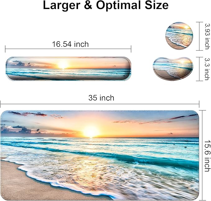 Keyboard Wrist Rest + Mouse Pad with Wrist Support + Desk Mat + Coaster 4 in 1 Set XXL Large Gaming Mousepad Cute Ergonomic Mouse Pads for Desk Computer Laptop Office Decor-Beach