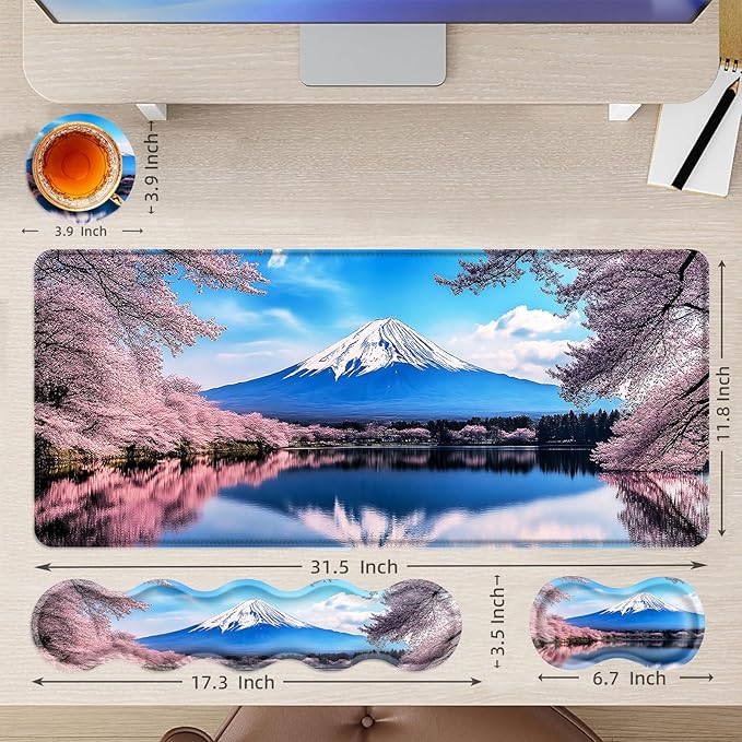 Large Mouse Pad and Keyboard Wrist Rest Desk Pad for Keyboard and Mouse 4-in-1 Large Gaming Mouse Pad with Wrist Support Desk Mat for Home Office Study GameCherry Blossoms in The Lake