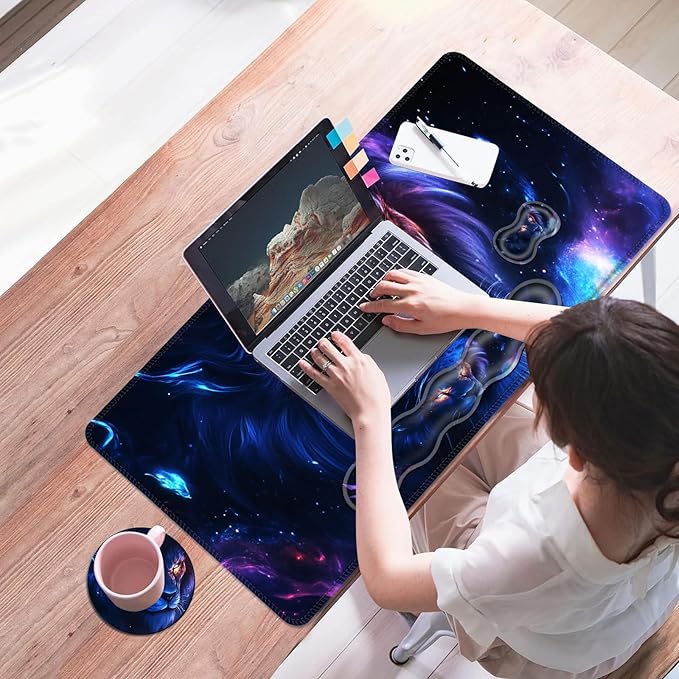 Mouse PadLarge Desk Mat Set 4in1 XL Mousepad + Keyboard Wrist Rest+Mouse Wrist Rest+Coaster with Ergonomic Desk Pad for Home Office Table Computer Cover -Galaxy Lion with Glowing Eyes