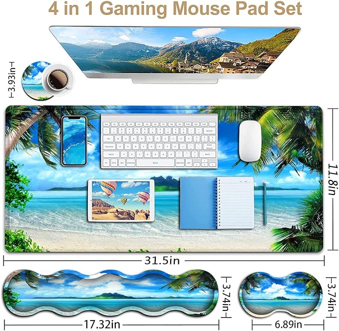 Large Mouse Pad Desk Mat Keyboard Pad+ Ergonomic Keyboard Wrist Rest Set Big Extended Laptop Protector Writing Mat for Desktop Home Office Coconut Trees on Sands Beach Seascape Gaming Mouse Pad