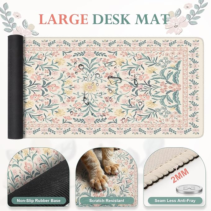 iLeadon Pink Desk Mat Set Cute Non-Slip Mouse and Keyboard Pad Mat for Desk Ergonomic Desk Mouse Pad Extra Large Floral Teacher Desk Mat with Wrist Rest for Women Home Office
