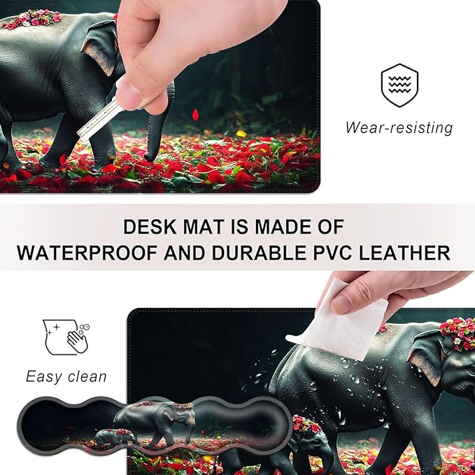 Mouse PadLarge Desk Mat Set 4in1 XL Mousepad + Keyboard Wrist Rest+Mouse Wrist Rest+Coaster with Ergonomic Desk Pad for Home Office Table Computer Cover -Mother and Baby Elephants