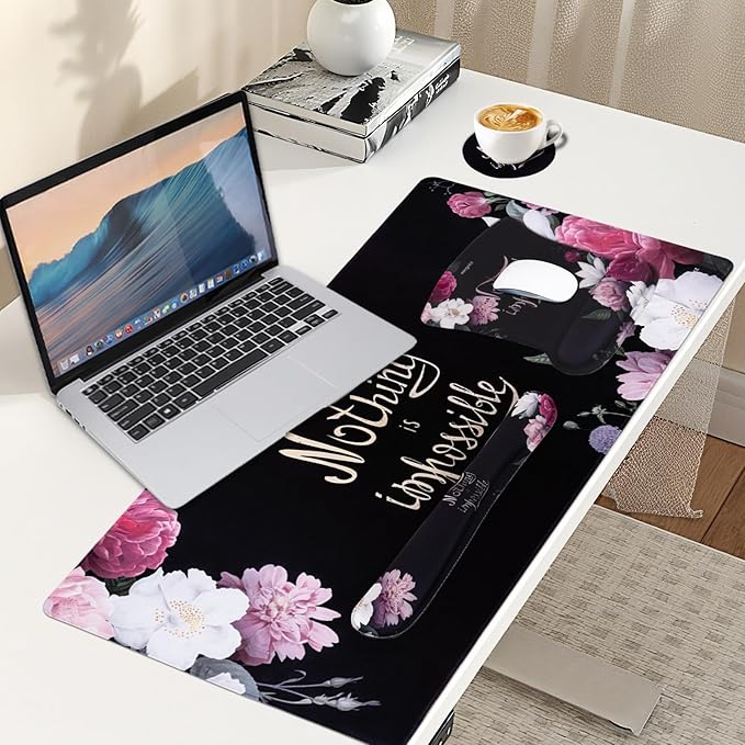MEGREZ 4-in-1 Ergonomic Memory Foam Wrist Rest Set Desk Pad Mouse Pad with Wrist Rest Keyboard Pad Suitable for Office Workers Programmers &amp Gamers–Relieve Typing &amp Gaming Fatigue Black