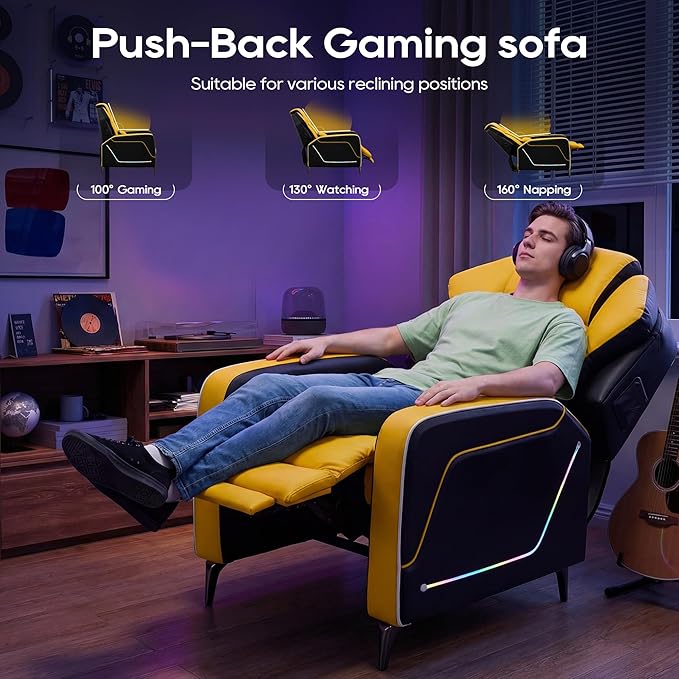 TUNYI Gaming Recliner Chair Racing Style Push-Back Reclining Sofa with Colorful LED Ergonomic Home Theater Seating Video Game Sofa for Gaming Room Living Room (Yellow)