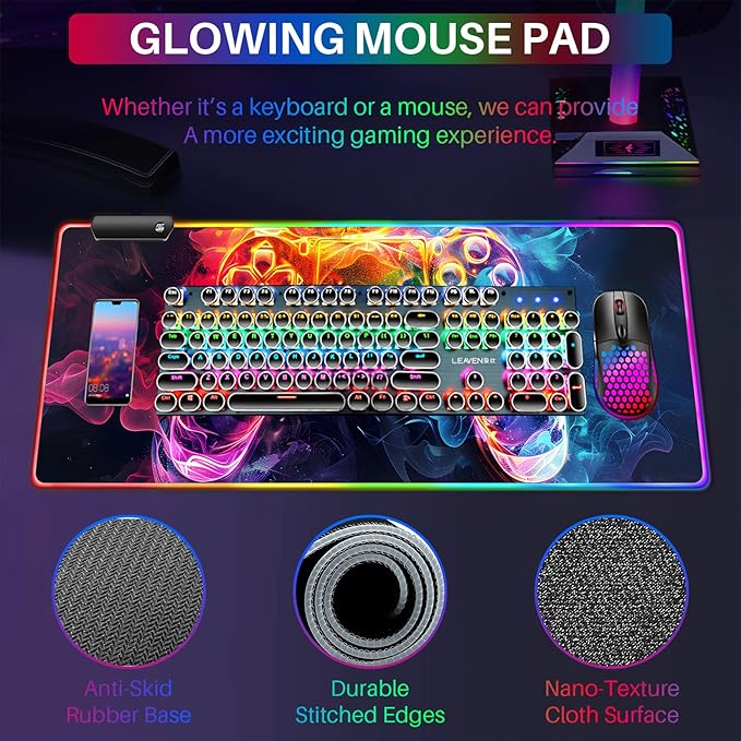 XL RGB Gaming Mouse Pad with 14 Light Modes - Light Up Gamer Mouse Pad31.5 x 11.8in Non-Slip Gamepad Style Led Large Gamer MousepadBlack Long Glowing Gaming Accessories for Desk Waterproof