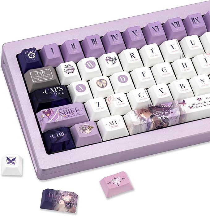 PBT Custom Keycaps 130 Keys Japanese Anime Purple Keycaps Cherry Profile Dye Sublimation Keycap Manga Style Key Cap Set for 60% 65% 75% TKL 100% Mechanical Keyboard