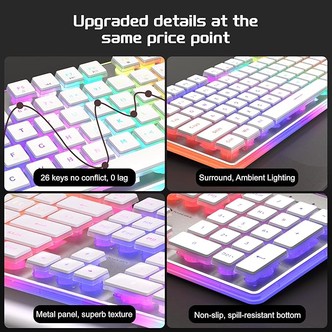 Camiysn Gaming Creamy Keyboard and Mouse White 104 Keys RGB and 6 Speed RGB Mouse Combo Pudding Keycaps Silent Computer Keyboard for Computer/PC/Laptop/Mac/Windows/Office