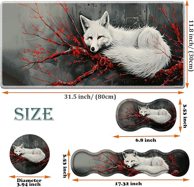 Large Gaming Mouse Pad + Keyboard Wrist Rest + Wrist Support + Coaster Set Memory Foam Ergonomic for Easy Typing XXL Extended Gaming Mouse Pad Table Pad - Red Branch and Fox