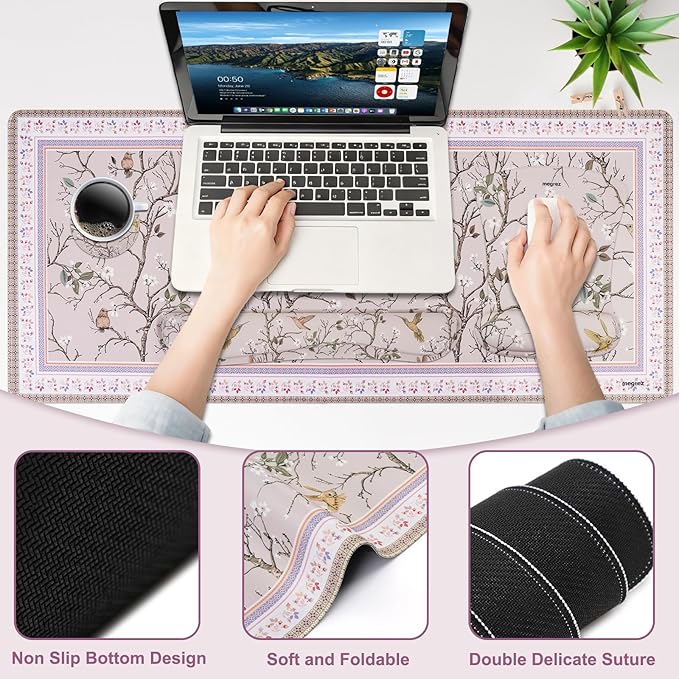 MEGREZ 4-in-1 Ergonomic Memory Foam Wrist Rest Set Desk Pad Mouse Pad with Wrist Rest Keyboard Pad Suitable for Office Workers Programmers &amp Gamers–Relieve Typing &amp Gaming Fatigue Light