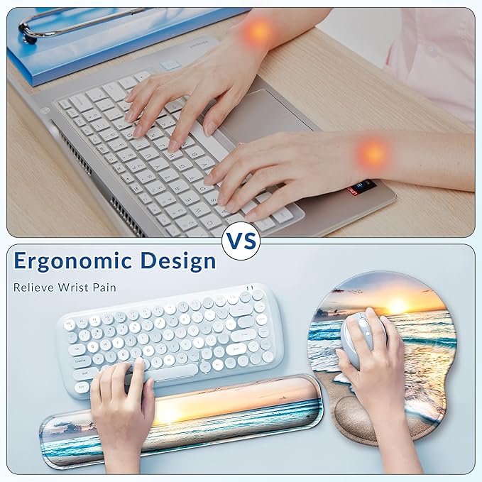 Desk Mat Set + Keyboard and Mouse Pad with Wrist Rest Support4-in-1 Large Mousepad Computer Mats for Desktop Home &amp Office-Blue Sunset Beach