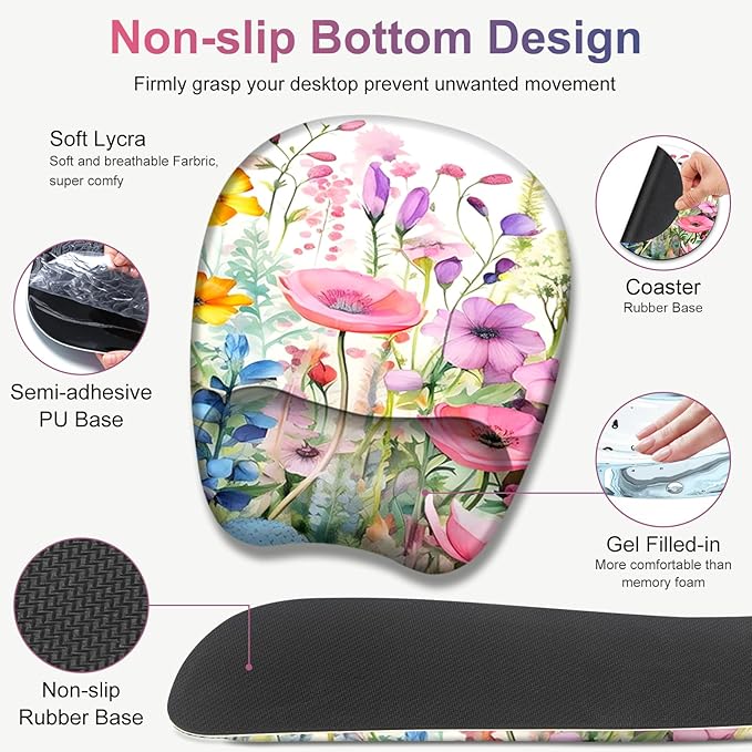Large Mouse Pad with Wrist Support 4in1 Set XXL Game Mousepad +Keyboard Wrist Rest+Mouse Wrist Rest+Coaster Ergonomic Design Gaming Mat for Home Office Table Computer I Gorgeous Rose Plants