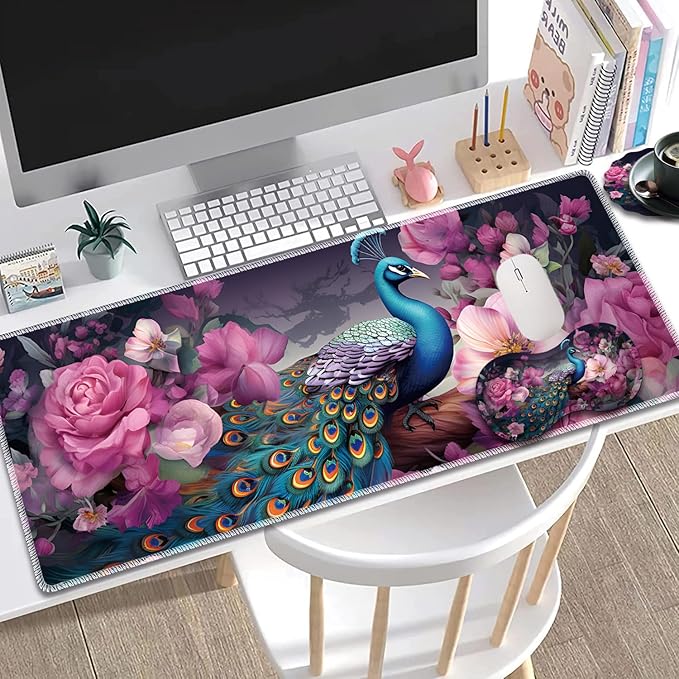 Large Gaming Mouse Pad + Mouse Wrist Rest Pad + Coaster Combination 31.5 x 11.8 Durable Non-Slip Extension Table Mat Suitable for Office and Home Peacock and Flowers