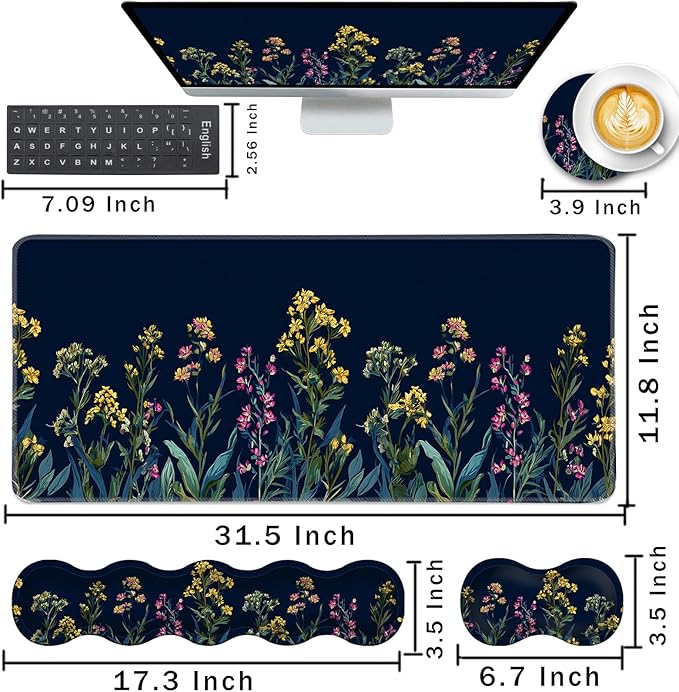 Keyboard Wrist Rest and Mouse Pad with Wrist Support Set Ergonomic CoasterMemory FoamEasy Typing Pain ReliefLarge XL Desk Mat 31.5x 11.8Garden Flowers