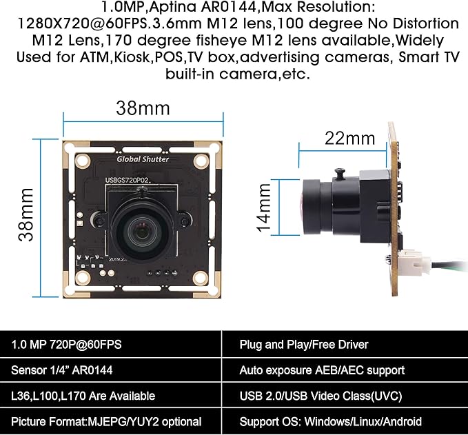 Global Shutter USB Camera Module 720P 60FPS Wide Angle 1MP UVC USB2.0 PC Camera for Laptop Jetson Nano