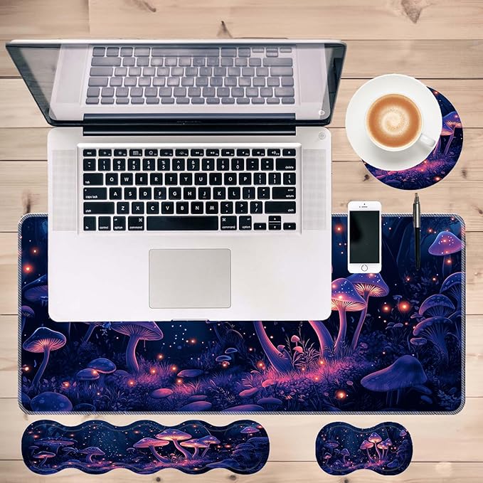 Keyboard Mouse Pad SetLarge Desk Pad+Keyboard Wrist Rest+Mouse Wrist Support+CoasterEasy Typing Pain Relief Non-Slip Wrist Support Mousepad Set Home OfficeGlowing Mushrooms