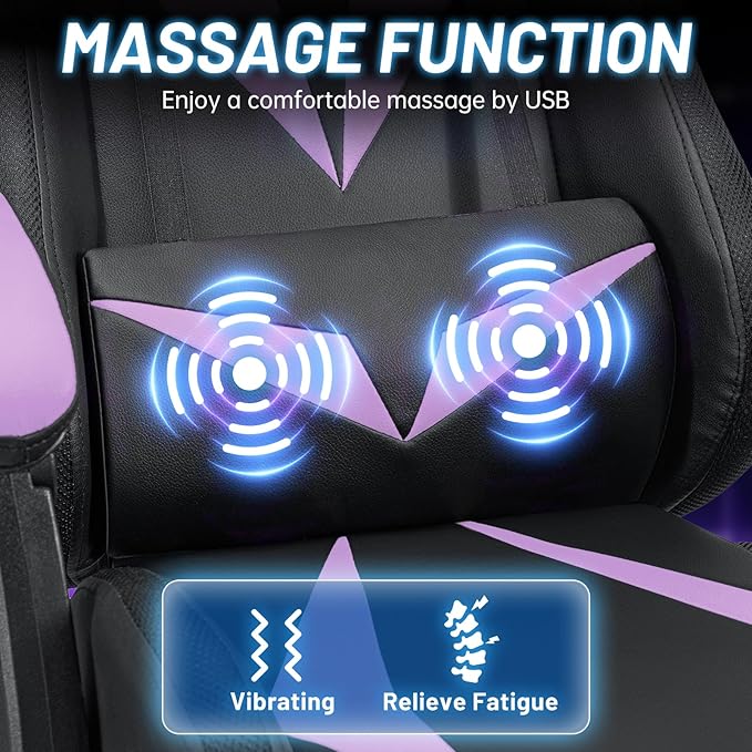 HOFFREE Gaming Chair Massage with Bluetooth Speakers and Led Lights Ergonomic Computer Gaming Chair with Footrest RGB Video Game Chair with High Back Lumbar Support Purple and Black