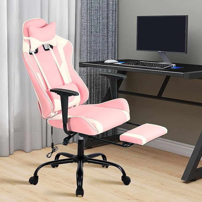 High Back PU Leather Gaming Chair with Headrest &amp Lumbar Support Height Adjustable Wide Seat for Adults with Footrest &amp Armrest