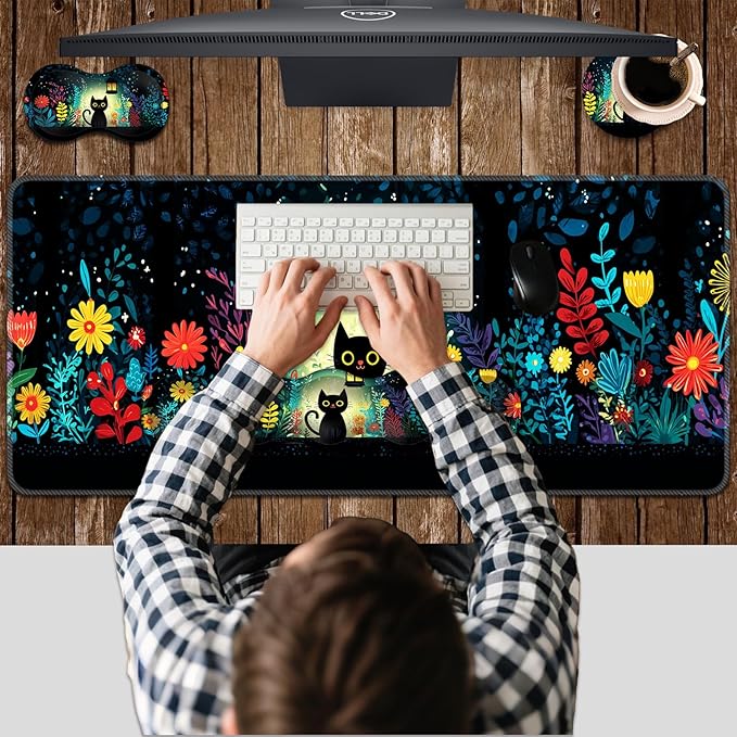 Ergonomic Keyboard Wrist Rest &amp Mouse Pad Wrist Rest SetXL Gaming Desk Mat 31.5x 11.8Non-Slip BaseMemory FoamEasy Typing Pain Relief for Office &amp HomeBlack Cat